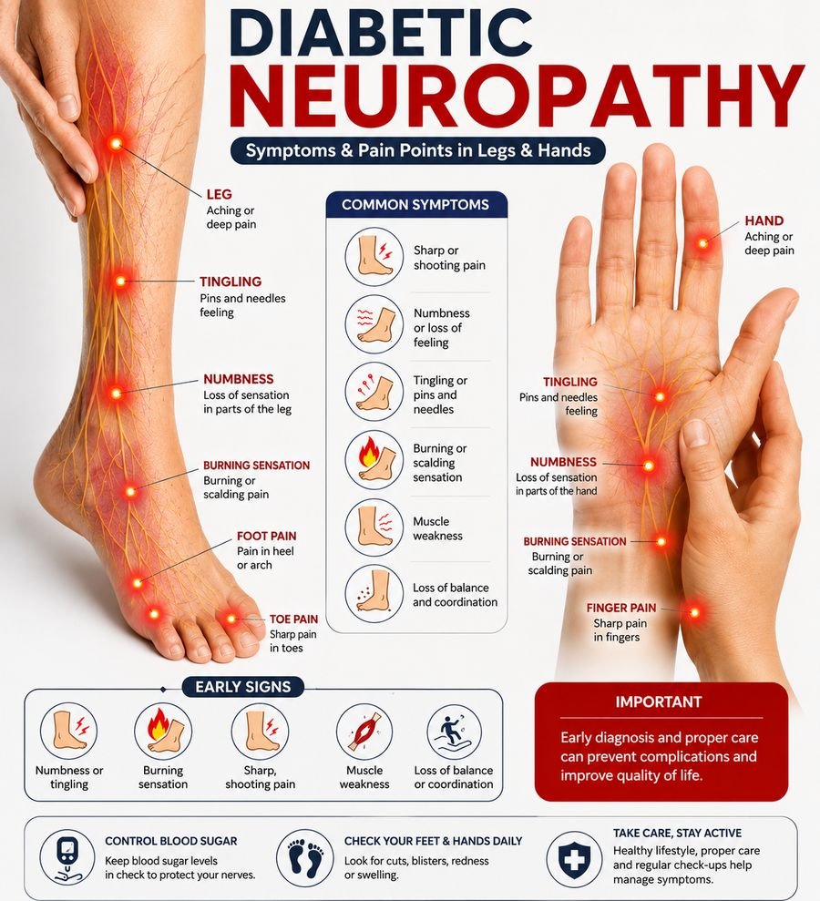 Diagram of diabetic neuropathy symptoms and pain points in hands and legs